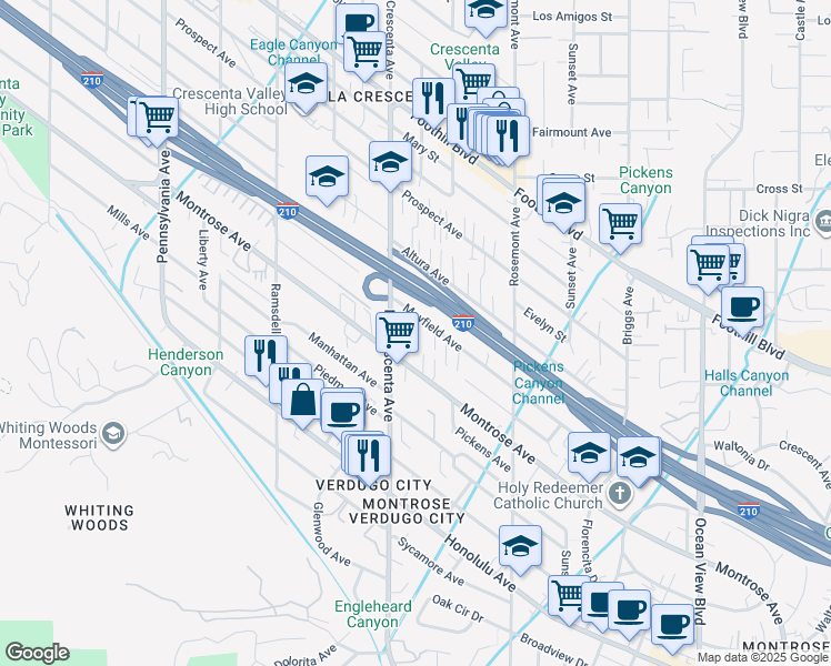 map of restaurants, bars, coffee shops, grocery stores, and more near 2740 Mayfield Avenue in La Crescenta-Montrose