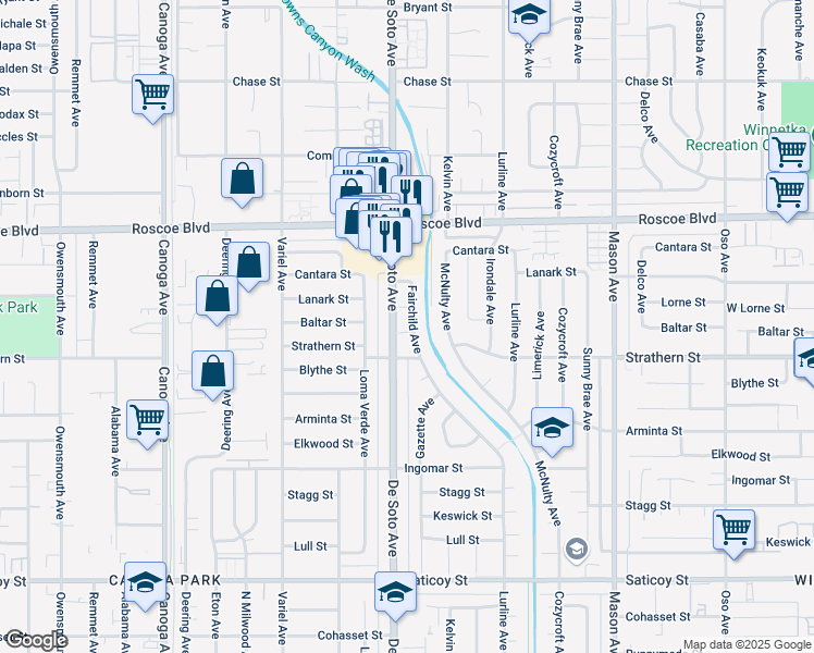map of restaurants, bars, coffee shops, grocery stores, and more near 20855 Baltar Street in Los Angeles