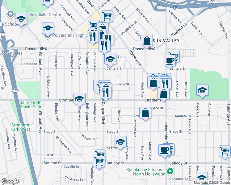 map of restaurants, bars, coffee shops, grocery stores, and more near 12014 Ratner Street in Los Angeles