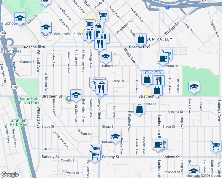 map of restaurants, bars, coffee shops, grocery stores, and more near 12008 Ratner Street in Los Angeles