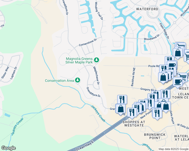 map of restaurants, bars, coffee shops, grocery stores, and more near 1023 Maplechase Drive in Leland