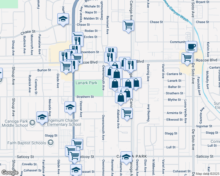 map of restaurants, bars, coffee shops, grocery stores, and more near 8033 Remmet Avenue in Los Angeles