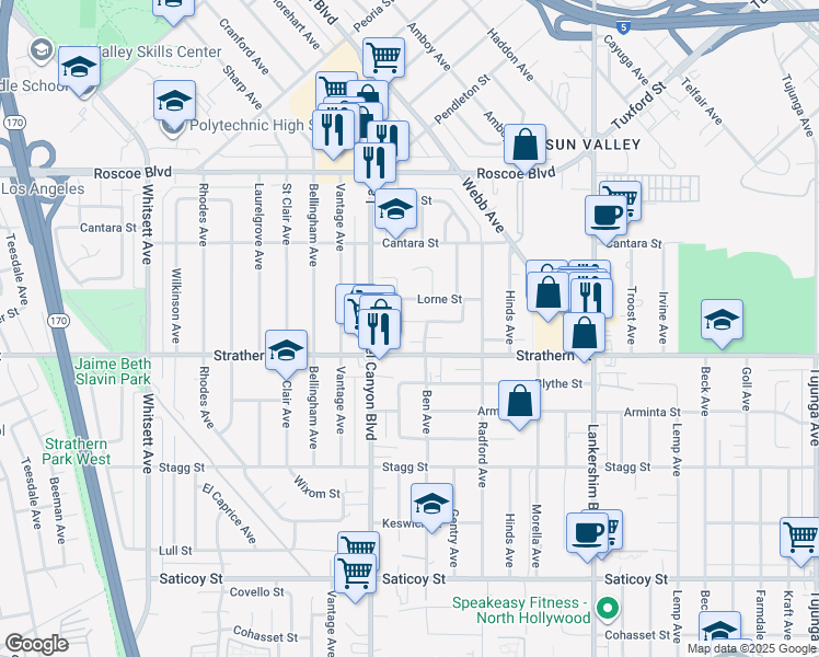 map of restaurants, bars, coffee shops, grocery stores, and more near 12014 Ratner Street in Los Angeles