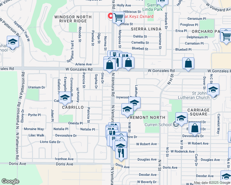 map of restaurants, bars, coffee shops, grocery stores, and more near 1440 Junewood Way in Oxnard