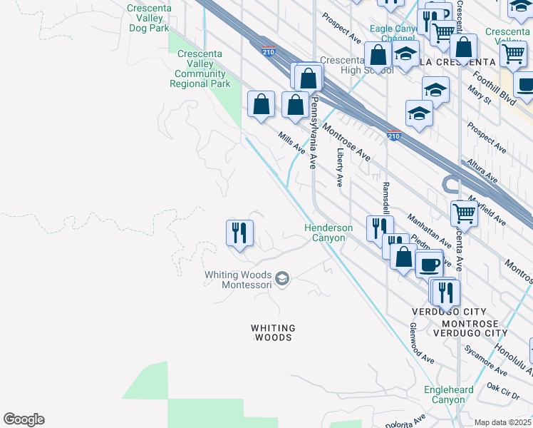 map of restaurants, bars, coffee shops, grocery stores, and more near 3830 Hillway Drive in Glendale