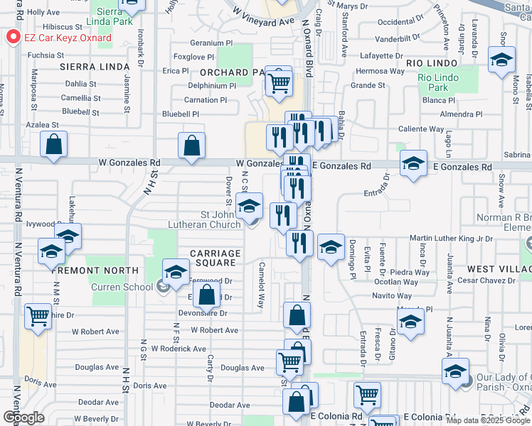 map of restaurants, bars, coffee shops, grocery stores, and more near 46 Carriage Square in Oxnard