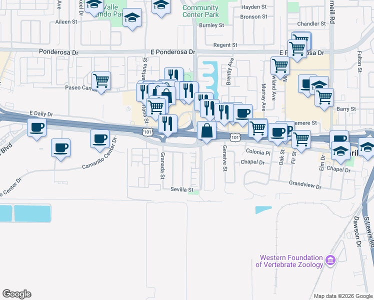 map of restaurants, bars, coffee shops, grocery stores, and more near 1421 West Chapel Drive in Camarillo