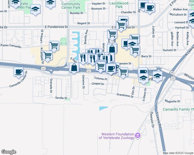 map of restaurants, bars, coffee shops, grocery stores, and more near 1877 Colonia Place in Camarillo