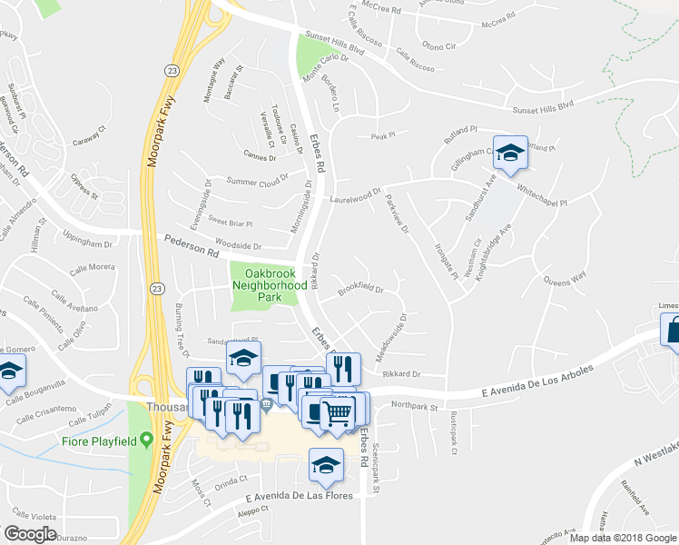 map of restaurants, bars, coffee shops, grocery stores, and more near 2778 Delpha Court in Thousand Oaks