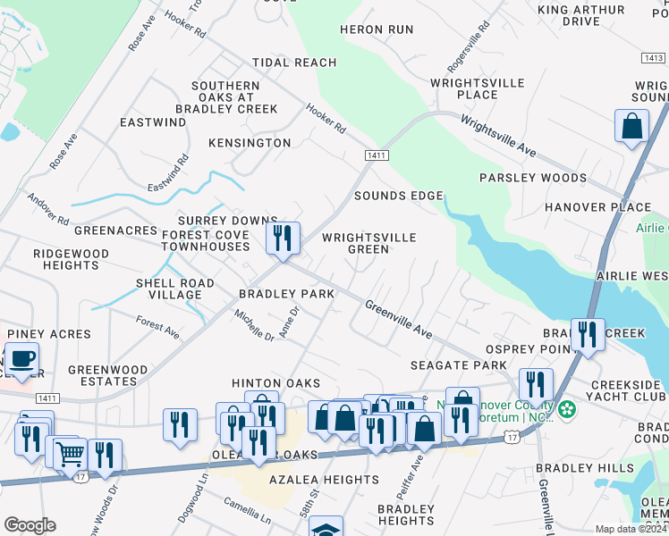 map of restaurants, bars, coffee shops, grocery stores, and more near 6034 Larson Place in Wilmington
