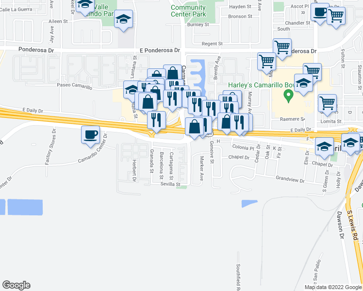 map of restaurants, bars, coffee shops, grocery stores, and more near 84 Calle Segunda in Camarillo