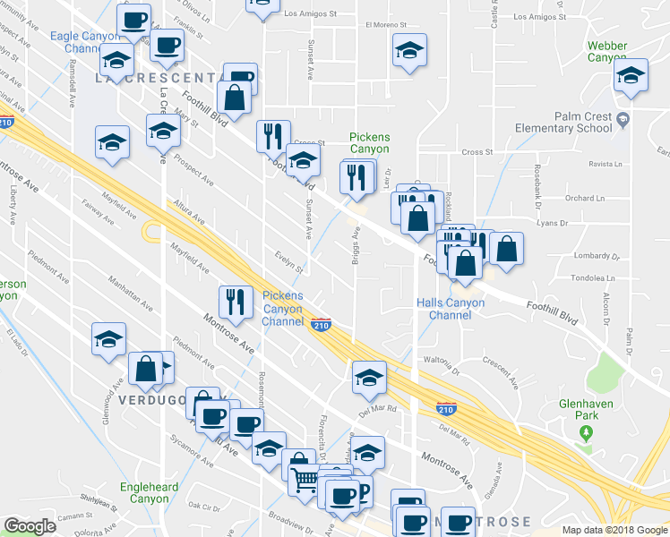 map of restaurants, bars, coffee shops, grocery stores, and more near 2429 Prospect Avenue in La Crescenta-Montrose