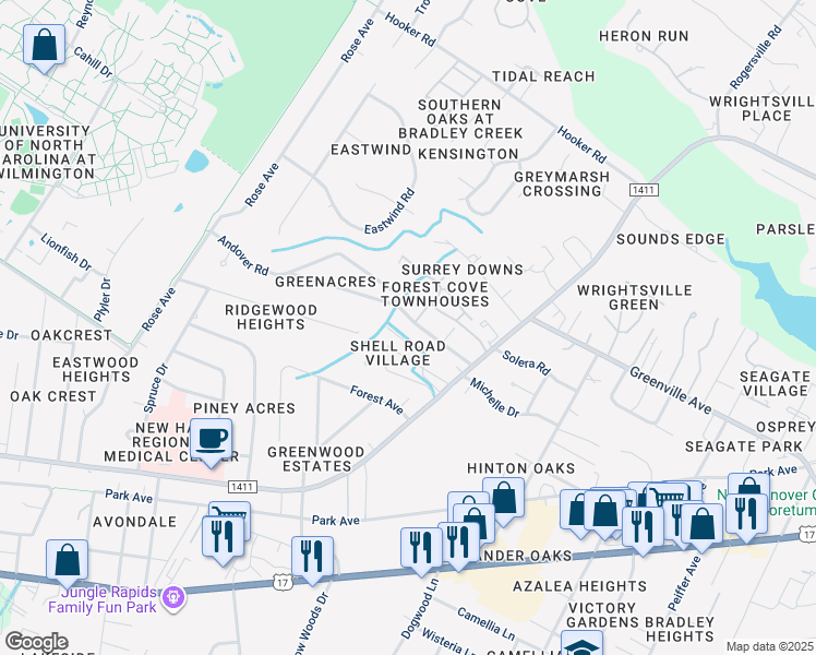 map of restaurants, bars, coffee shops, grocery stores, and more near 5510 Andover Road in Wilmington
