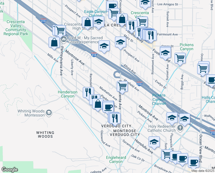 map of restaurants, bars, coffee shops, grocery stores, and more near 2850 Montrose Avenue in Glendale