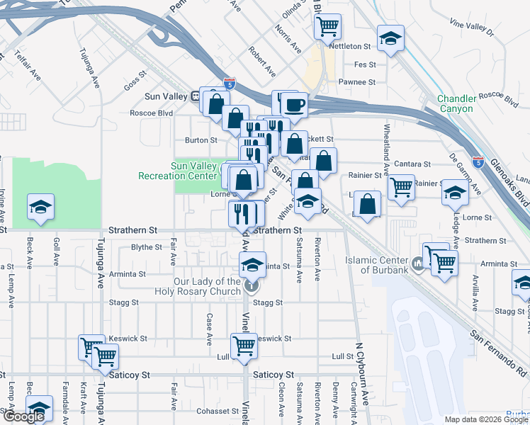 map of restaurants, bars, coffee shops, grocery stores, and more near 10978 Ratner Street in Los Angeles