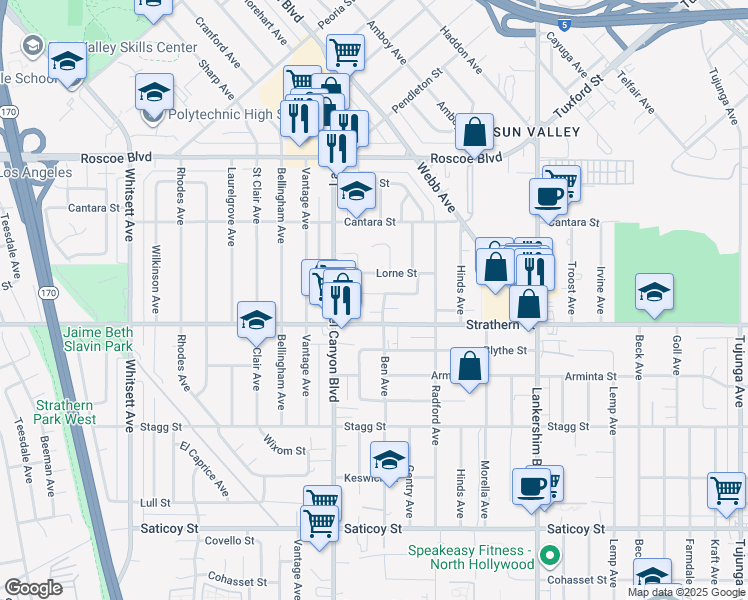 map of restaurants, bars, coffee shops, grocery stores, and more near 12014 Ratner Street in Los Angeles