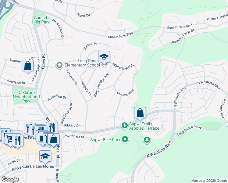 map of restaurants, bars, coffee shops, grocery stores, and more near 2845 Queens Way in Thousand Oaks