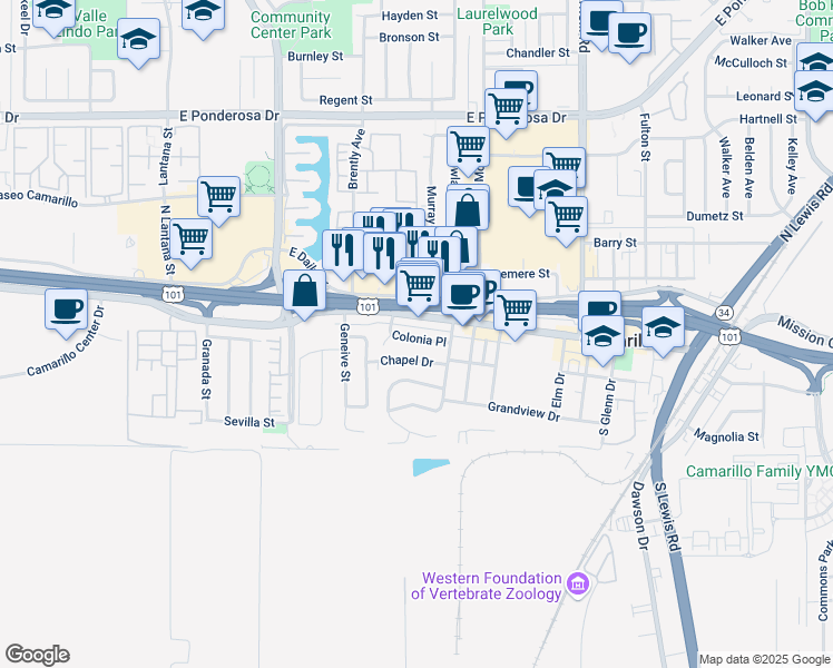 map of restaurants, bars, coffee shops, grocery stores, and more near 1874 Colonia Place in Camarillo