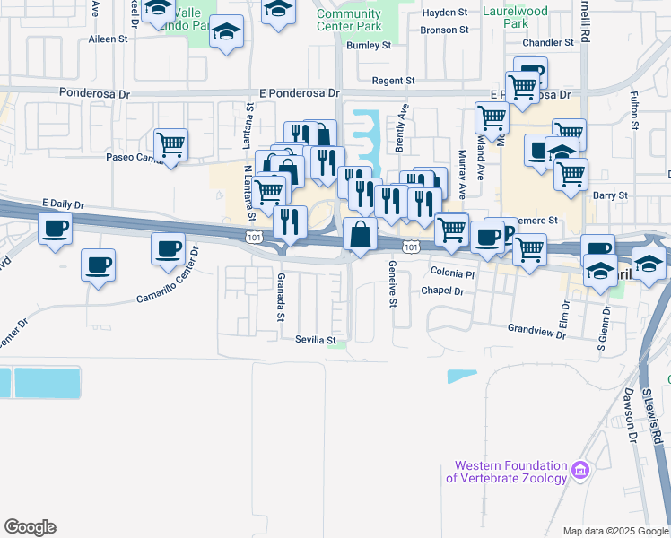 map of restaurants, bars, coffee shops, grocery stores, and more near 84 Calle Segunda in Camarillo
