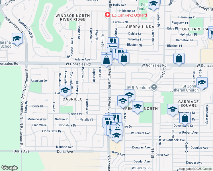 map of restaurants, bars, coffee shops, grocery stores, and more near 1440 Junewood Way in Oxnard