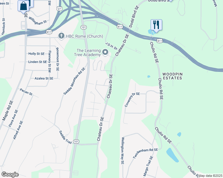 map of restaurants, bars, coffee shops, grocery stores, and more near 107 Chateau Drive Southeast in Rome