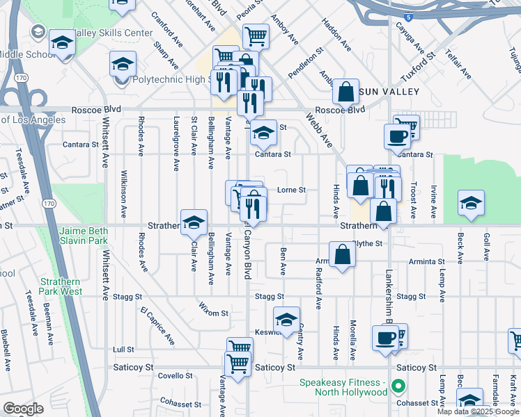 map of restaurants, bars, coffee shops, grocery stores, and more near 12038 Ratner Street in Los Angeles