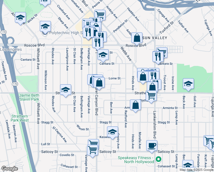map of restaurants, bars, coffee shops, grocery stores, and more near 12014 Ratner Street in Los Angeles