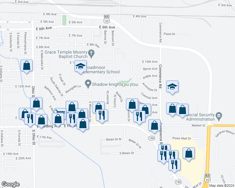 map of restaurants, bars, coffee shops, grocery stores, and more near 1305 Collins Drive in Pine Bluff