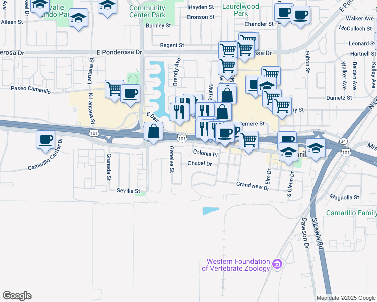 map of restaurants, bars, coffee shops, grocery stores, and more near 1874 Colonia Place in Camarillo