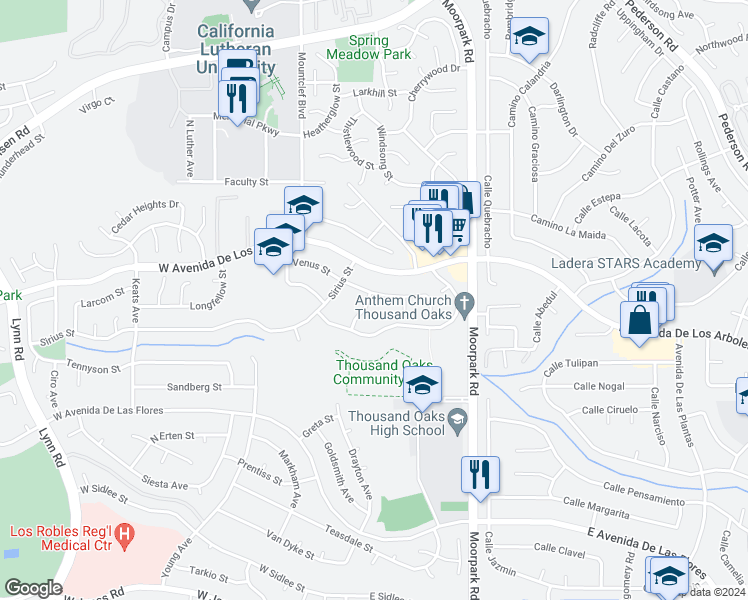 map of restaurants, bars, coffee shops, grocery stores, and more near 190 Venus Street in Thousand Oaks