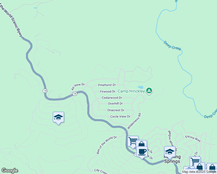 map of restaurants, bars, coffee shops, grocery stores, and more near 31395 Pinehurst Drive in Running Springs