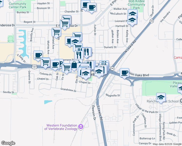map of restaurants, bars, coffee shops, grocery stores, and more near in Camarillo