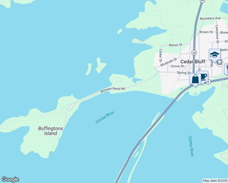 map of restaurants, bars, coffee shops, grocery stores, and more near 2855 Moneys Bend Road in Cedar Bluff