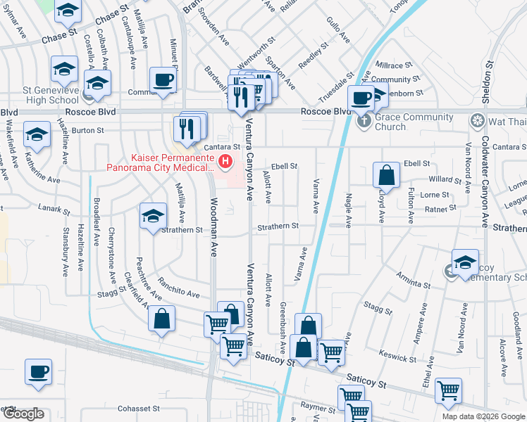map of restaurants, bars, coffee shops, grocery stores, and more near 8025 Allott Avenue in Los Angeles