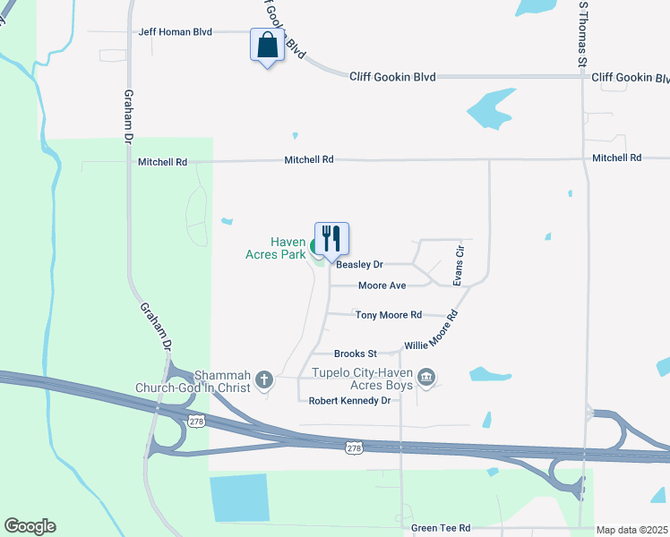 map of restaurants, bars, coffee shops, grocery stores, and more near 2954 Beasley Drive in Tupelo