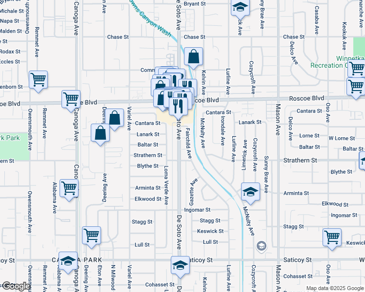 map of restaurants, bars, coffee shops, grocery stores, and more near 20855 Baltar Street in Los Angeles