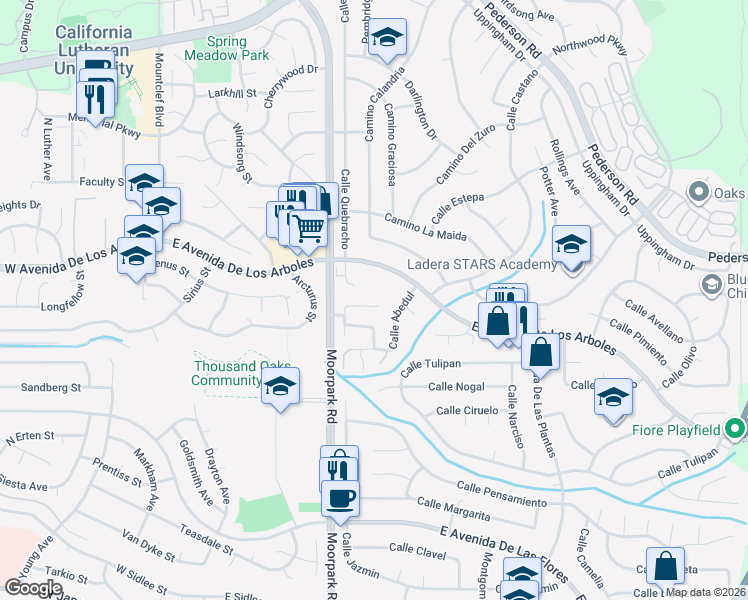 map of restaurants, bars, coffee shops, grocery stores, and more near 2789 Calle Bienvenido in Thousand Oaks