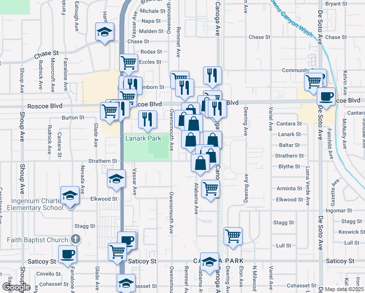 map of restaurants, bars, coffee shops, grocery stores, and more near 8033 Remmet Avenue in Los Angeles
