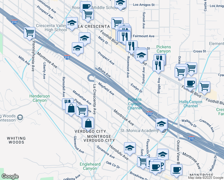 map of restaurants, bars, coffee shops, grocery stores, and more near 2665 Mayfield Avenue in La Crescenta-Montrose