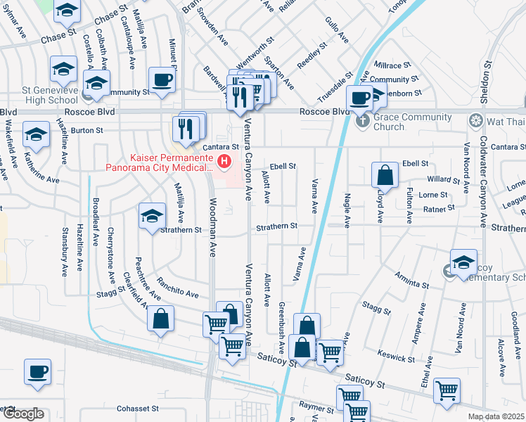 map of restaurants, bars, coffee shops, grocery stores, and more near 8025 Allott Avenue in Los Angeles