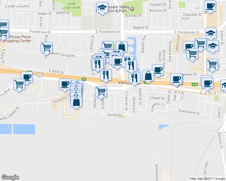 map of restaurants, bars, coffee shops, grocery stores, and more near 1421 West Chapel Drive in Camarillo