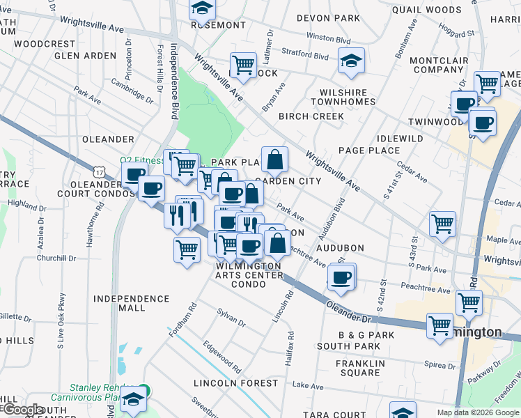 map of restaurants, bars, coffee shops, grocery stores, and more near 3802 Park Avenue in Wilmington