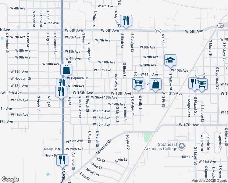 map of restaurants, bars, coffee shops, grocery stores, and more near 3107 West 13th Avenue in Pine Bluff