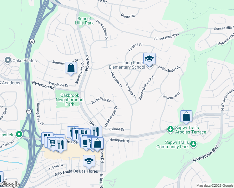 map of restaurants, bars, coffee shops, grocery stores, and more near 2762 Hilary Court in Thousand Oaks