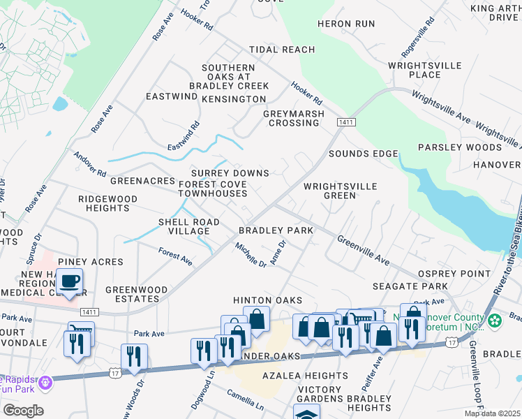 map of restaurants, bars, coffee shops, grocery stores, and more near 5630 Surrey Downs Court in Wilmington