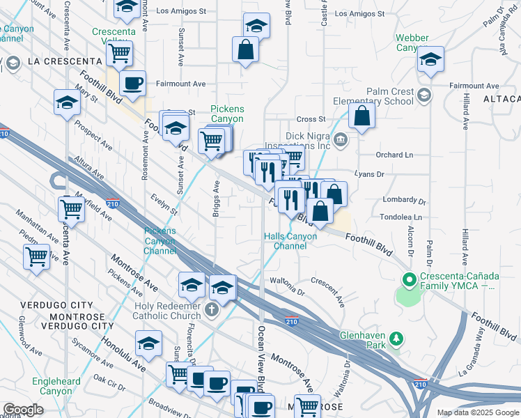 map of restaurants, bars, coffee shops, grocery stores, and more near 2318 Park Avenue in La Crescenta-Montrose