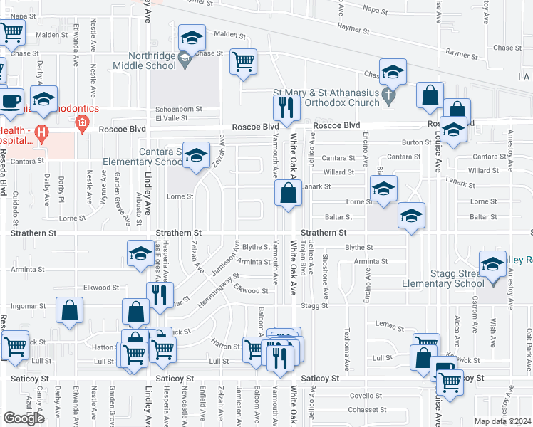 map of restaurants, bars, coffee shops, grocery stores, and more near 17740 Baltar Street in Los Angeles