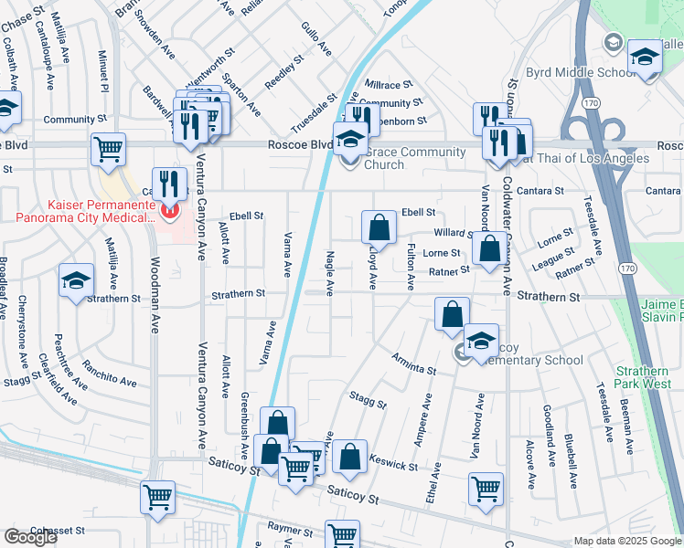 map of restaurants, bars, coffee shops, grocery stores, and more near 13240 Ratner Street in Los Angeles