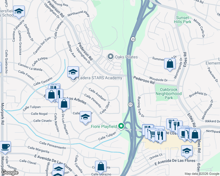 map of restaurants, bars, coffee shops, grocery stores, and more near 1444 Calle Morera in Thousand Oaks