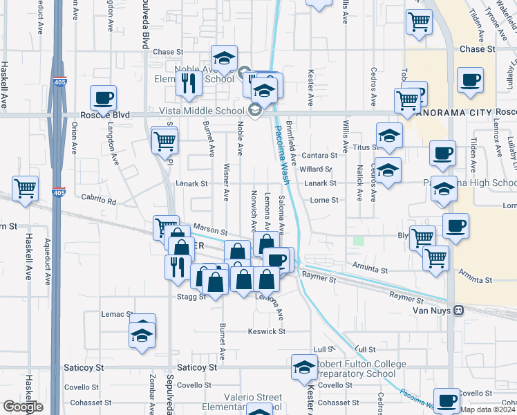 map of restaurants, bars, coffee shops, grocery stores, and more near 8020 Norwich Avenue in Los Angeles